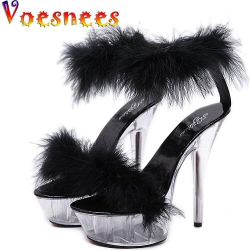 Female Sandals Women Platform Model T Stage Shows 2019 Summer Shoes Sexy High Heels 15cm Shoes Feathers Bride Wedding Shoes