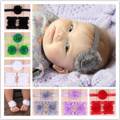 Newborn Baby Girls Chiffon Flower Headband and Barefoot Sandal Shoes Set Fashion Children Hair Accessories Photography Props