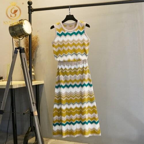 SMTHMA 2021 New Fashion Sleeveless Stripe Sweater Vest +Elastic Waist 2pcs Casual Knitting Skirt Suits Women Trendy Summer Set