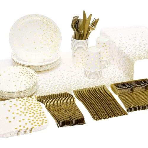 White Gold Party Supplies Disposable Dinnerware Sets Tableware for Graduation, Birthday, Bachelorette, Wedding Decorations