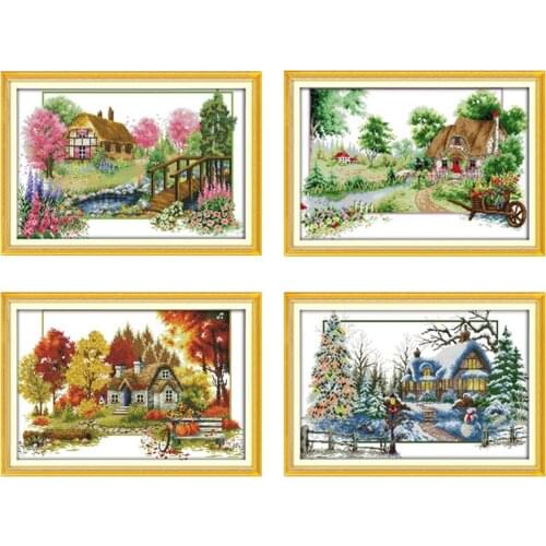 Four Seasons Landscape Cross Stitch Kits 14CT Pre-Printed White Canvas Embroidery Diy Sets for Sewing Needlework 11CT Home Decor