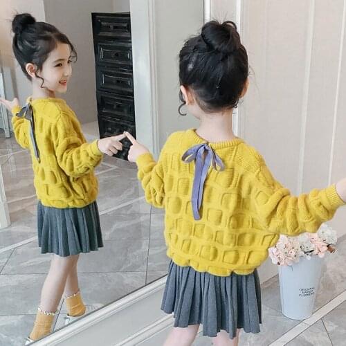 Girls Knitted Sweater + Pleated Skirts 2 Pcs Set Spring Fall Children Fashion Loose Knitwear Clothing Set Baby Kids Clothes X430