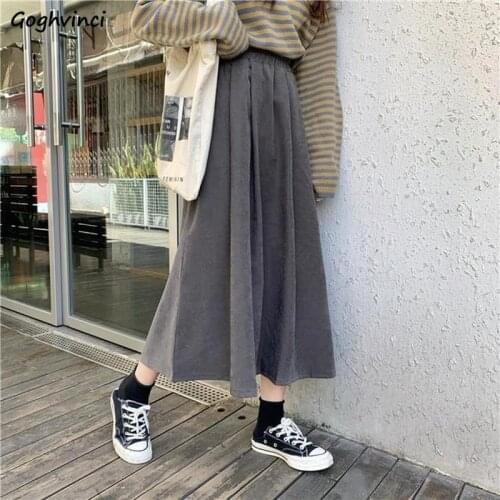 Solid A-line Skirts Women Simple Students All-match Basic Fresh Casual Fashion Retro Mid-Calf Vintage High-waist Korean Style