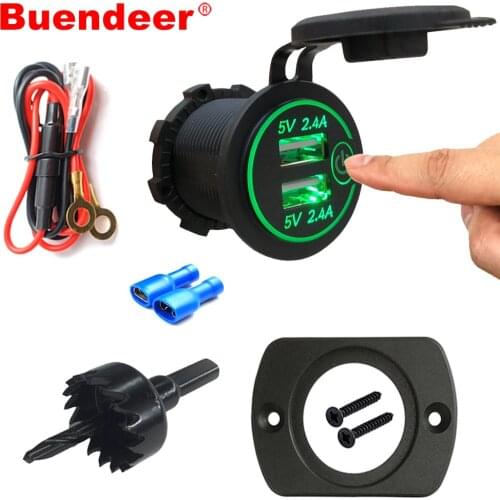 Buendeer 5V/4.8A Dual USB Charger Socket Adapter with Touch Switch Green Led Panel Mount 10A Fuse Cable for Motorcycle RV Truck