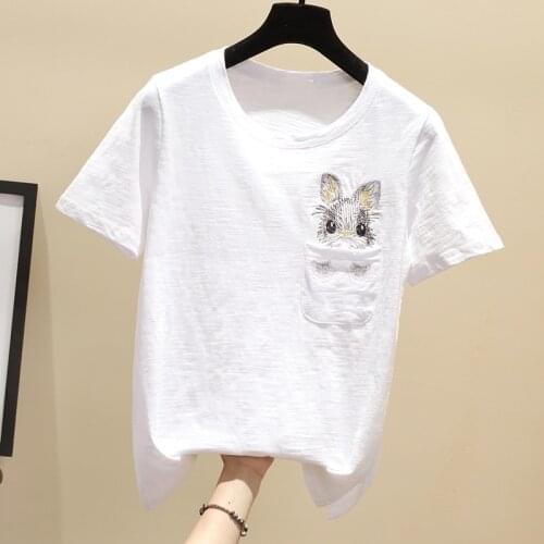 Womens Summer Embroidered Cat Short Sleeve Round Neck T-shirt Basic Casual Loose Plus Size Ladies Fashion Top S-3XL Clothes big