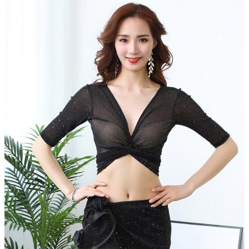 2019 New Belly Dance Clothing Women Sexy Top Front Cross Crop Halter Deep V Neck Belly dance Elastic Top Class Wear Accessories