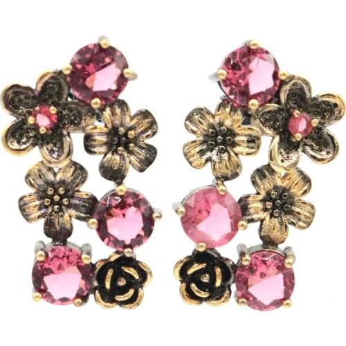 31x18mm Bohemia Design Flowers 8.2g Created Pink Tourmaline Peridot Iolite Women Dating Black Gold 925 Sterling Silver Earrings