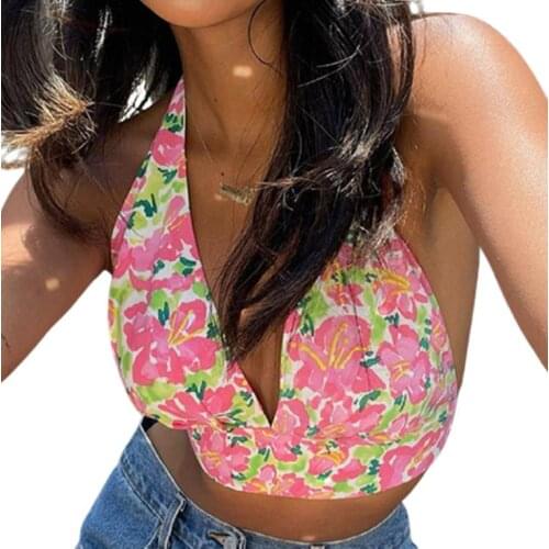 Womens Halter Crop Tank Tops, Sexy Deep V Neck Sleeveless Backless Floral Print Camisole