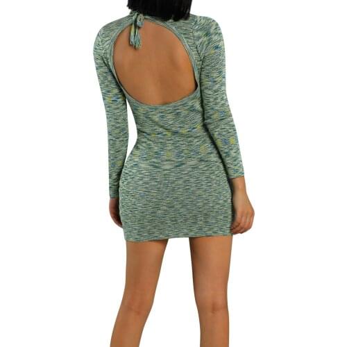 Female Knitted Dress, Women’ s Tie-Dyed O-Neck Long Sleeve Backless Dress for Summer Fall Mini Polyester, S/M/L