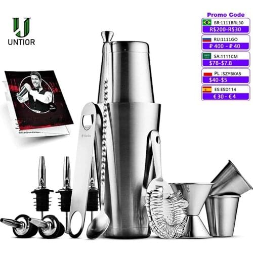 UNTIOIR 14PCS Cocktail Shaker Bar Tools Set Brushed Stainless Steel Bartender Kit Strainer Double Jigger Spoon Bottle Opener Pou