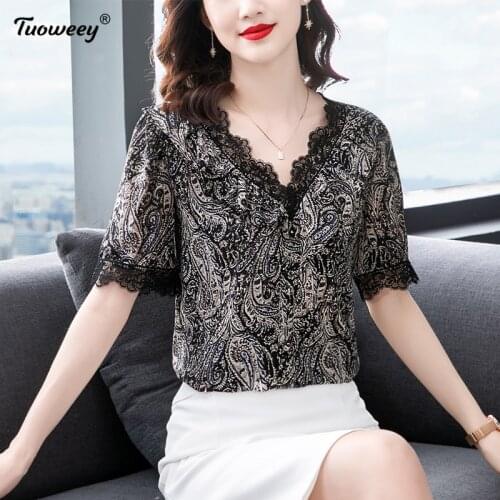 2021 Fashion Women Spring Summer Style Chiffon lace Blouses Women Casual short Sleeve Plus Size Loose Shirt Elegant Women Tops