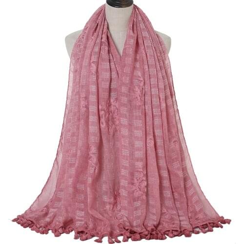 2021 Newest Plain Embroidery Muslim Hijabs Shawls With Tassel Fashion Women Scarf Large Size Cotton Head Wraps Turban 1PC Retail