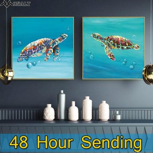 Colorful Turtle Octopus Oil Painting Blue Canvas Print Ocean Animal Art Poster Square Wall Pictures Baby Room Decoration Picture