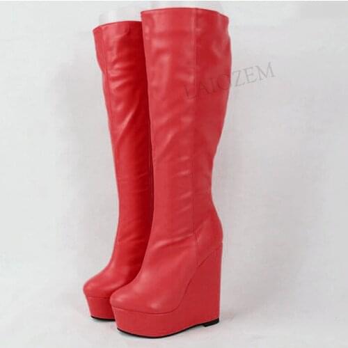 BERZIMER Women Knee High Boots Handmade Wedges Round Toe Platform Side Zip Height Increase Female Shoes Woman Big Size 41 44 52