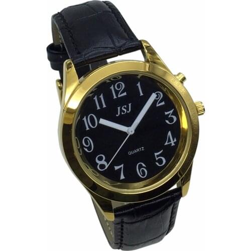 French Talking Watch with Alarm Function, Talking Date and time, Black Dial, Black Leather Band, Golden Case TAF-807