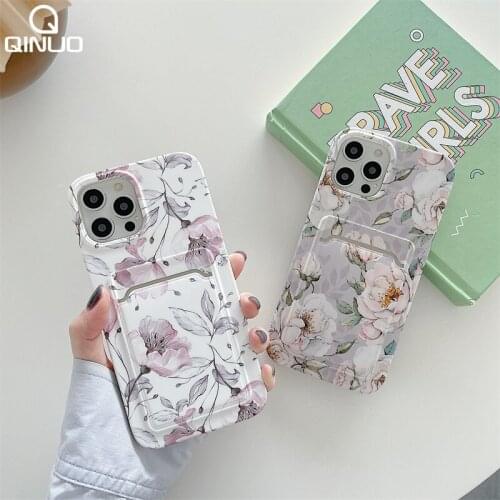 Card Holder Wallet Soft Silicone Phone Case For iPhone 12 11 Pro Max X XR XS 7 8 Plus SE 2020 Flowers Painting Shockproof Cover