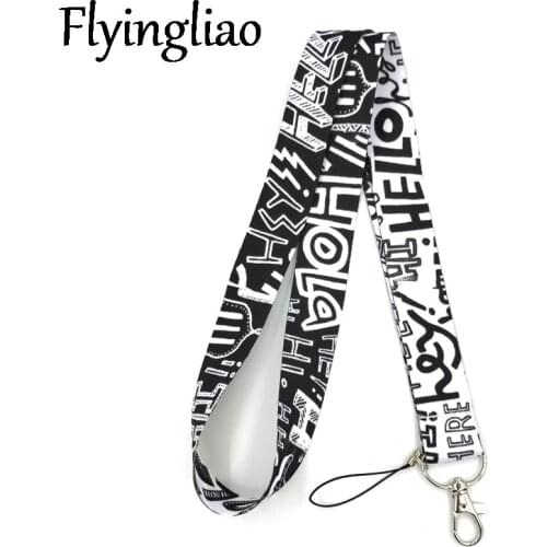 Black Hello Hey Funny Letters Neck Strap Lanyards ID badge card holder keychain Mobile Phone Strap Gift Ribbon webbing necklace