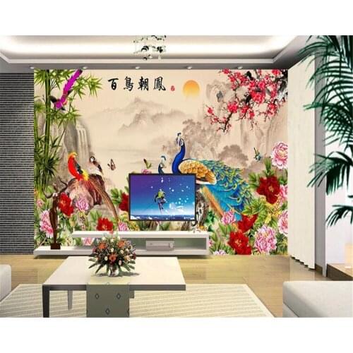 Beibehang floral wallpaper Papier peint mural 3d bird phoenix peony plum TV background 3d mural wallpaper wall papers home decor