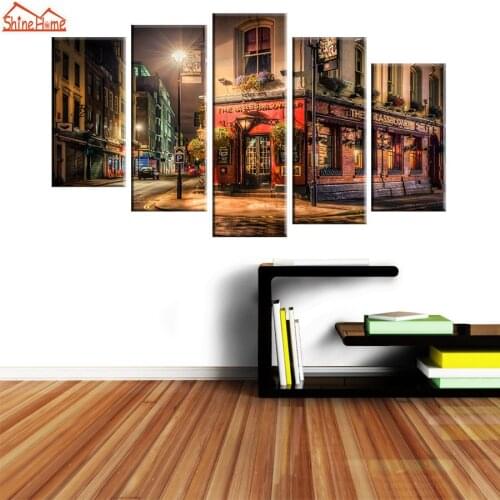 ShineHome-5pcs City Oil Prints Painting Printing on Canvas Living Room TV Background Office Cafe Home Decoration Walls Framed