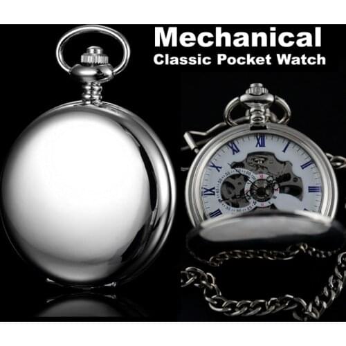Smooth Case Silver Stainless Steel Classic Full Hunter Mechanical FOB Pocket Watch Steampunk Hand Wind Men Women Clock Gifts