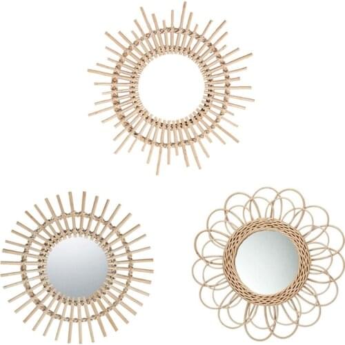 Rattan Innovative Art Decor Round Makeup Mirror Dressing Wall Hanging Mirrors