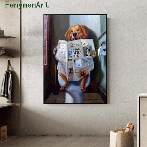 Dog Reading Newspaper Toilet Canvas Painting Funny Dog Posters And Prints Wall Art For Home Bathroom Decor