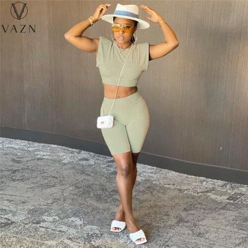 VAZN 2021 New Classic Sleeveless Solid Open Shinny Set Top Short Pant Sexy Young High Waist Skinny Women 2 Piece Set