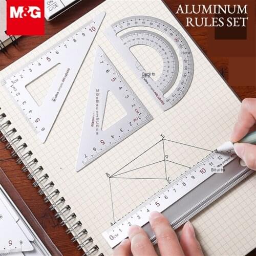 M&G 4pcs/set Black/Sliver aluminum Metal Ruler Set Maths Drawing compass stationery Rulers pencil for student stationery