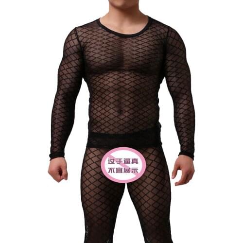 Mens Sexy Lingerie See Through Pants Suit Full Body Fishnet Sheer Thin Bodysuit Mens Exotic Grid SleepWear Underwear