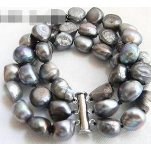 New 3Strands 12mm 8'' Gray Baroque Freshwater Pearl Bracelet