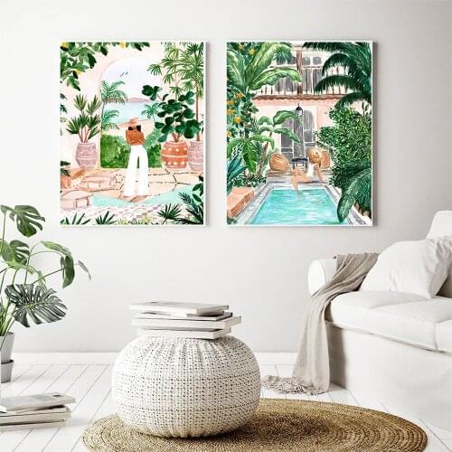 Flower Poster Oil Painting Girl Illustration Canvas Painting Botanical Art Print Boho Wall Picture for Living Room Home Decor