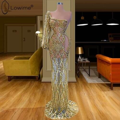 Sexy See Through One Shoulder Long Sleeve Evening Dresses Illusion Cut-Out Luxury Beading Mermaid Evening Gowns