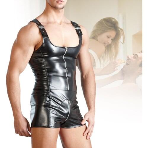 Sexy Men Sleeveless Open Crotch Faux Leather Zipper Bodysuit Shorts Jumpsuit