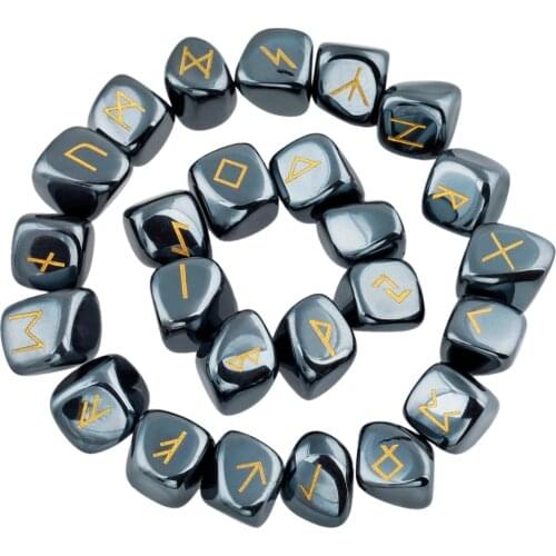 TUMBEELLUWA 1Lot (25Pc) Hematite Engraved Rune Stones Set Healing Reiki Crystal Tumbled Stones