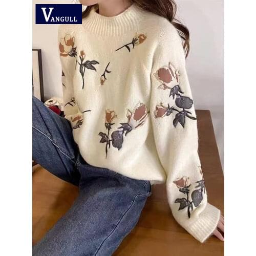Vangull Short Floral Embroidery Women Sweater 2020 Winter Vintage New Out Wear Sweater Korean Students High-Waisted Pullovers