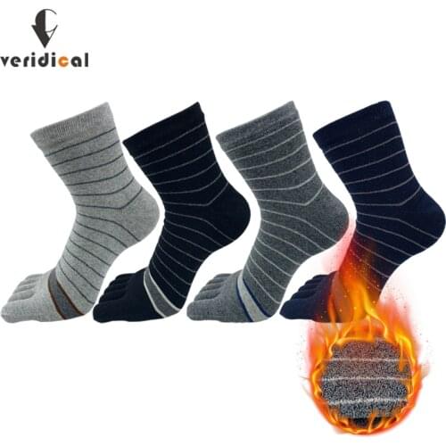 Veridical 5 Pairs/Lot Cotton Five Fingers Socks For Man Boy Winter Thick Warm Terry Socks Toe Socks Solid Striped 5 Finger Socks