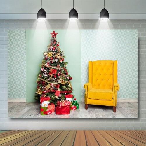 Green Christmas Room Photography Backdrop Family Portrait Child Gifts Tree Yellow Armchair Festival Prop Kids Photostudio