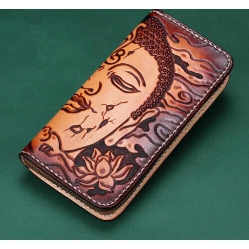 Women Genuine Leather Card Holder Wallets Sakyamuni Devil Bag Purses Men Clutch Vegetable Tanned Leather Long Wallet Gift