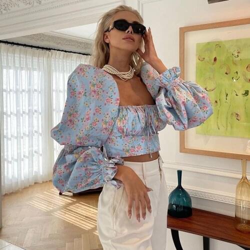 Floral Top y2k E-Girls Womens Summer Long Puff Sleeve Lace Blusas Leisure Vacation Style Printed Short Top 2021 New