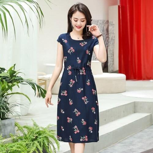 New Style XL-6XL Women Elegant Floral Print Cotton Dress Ladies Round Neck Casual Plus Size Summer Dress Female Lace Up Vestidos