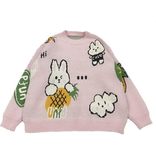 Winter New Womens Preppy Style Cartoon Jacquard Pink Sweater Cotton Knitted Warm O-neck Pullover