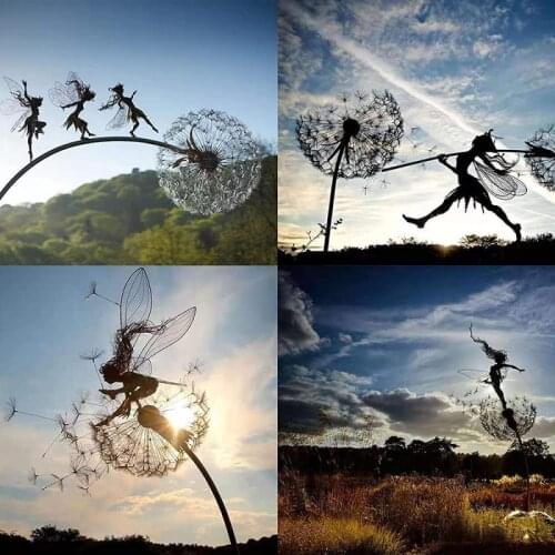 1pcs Garden Decorative Fairy Dancing With Dandelion Steel Wire Statue Sculpture Modern Home Yard Lawn Art Ornaments Acces