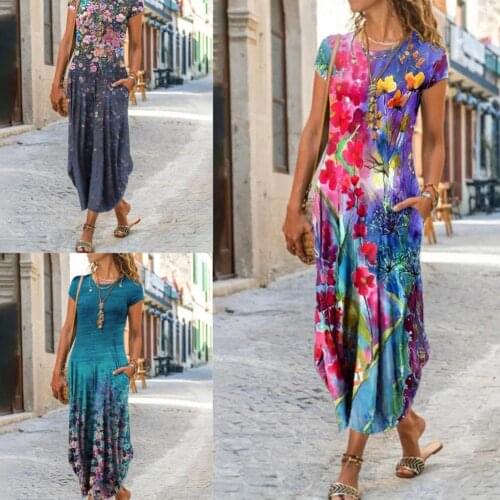 2021 Hot Sales!! Fashion Women Dress Round Neck Short Sleeve Pockets Floral Print Loose Maxi Dress for Party