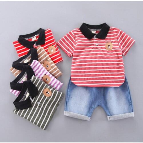 2021 Summer Baby Boys Clothes Sets Kids Infant Striped Bear Polo T-Shirt +Jeans 2-piece Fashion Toddler Girls Clothing 0-4 Years