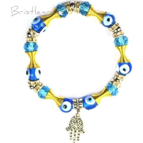 BRISTLEGRASS Turkish Evil Eye Hamsa Hand Glass Beaded Strand Bracelet Amulets Lucky Charm Blessing Protection Gift for Men Women