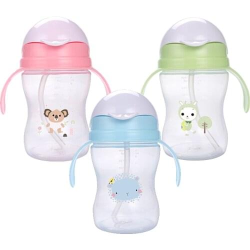 Cartoon Print Baby Feeding Bottle Leakproof Baby Cup with Handle Kids Children School Drinking Water Straw Bottle