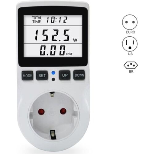 EU/US/BR Plug Digital LCD Wattmeter Power Meter Watt Energy Meter Wattage KWh AC 220V 110V Measuring Outlet Power Analyzer