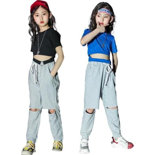 Lolanta Kids Girls Black/Blue Crop Top Or Gray Casual Pants Summer Costume Children Daily Hip Hop Dance Costume