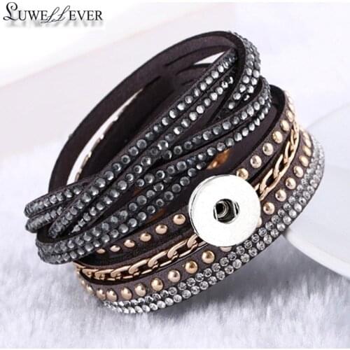 Hot Interchangeable Crystal 081 Rhinestones Velvet Leather Bracelet 18mm Snap Button Jewelry Charm Bangle For Women Gift 39cm