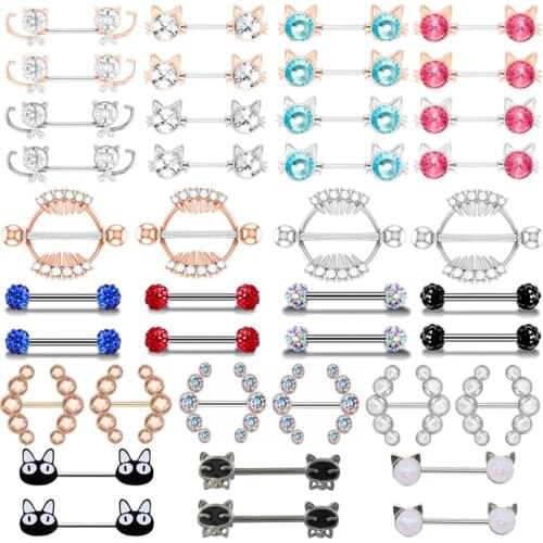 14G 1Pair Cat Nipple Piercing Ring Crystal Tongue Piercing Ring Jewelry Stainless Steel Lot Cute Cat Ring Nipple Pirecing